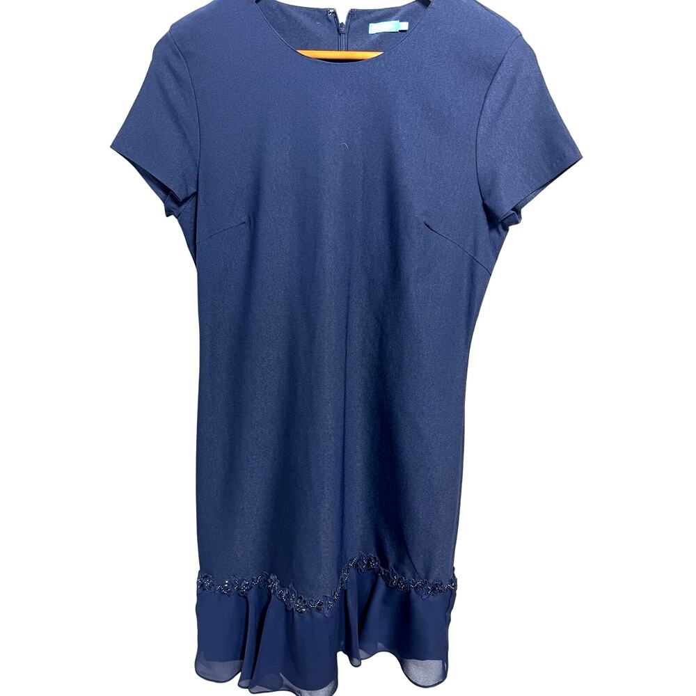 J McLaughlin Shift Dress Bead Ruffle Hem Navy Blue Cap Sleeve Quiet Luxury Sz 6
